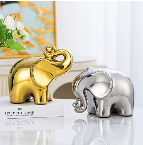 Statue d'éléphant galvanisée en céramique faite à la main, or/argent, décoration de maison, Figurine d'animal, cadeau de mariage, ornement, Art de bureau