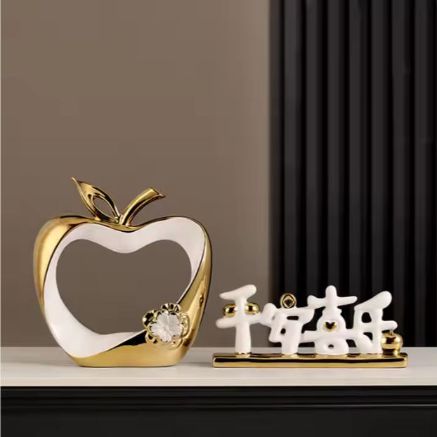 Creative Nordic Modern Ceramic Gold Hollow Apple Ornaments Macrame Desktop Crafts Christmas Arts Figurines for Home Decoration