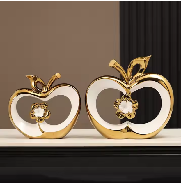 Creative Nordic Modern Ceramic Gold Hollow Apple Ornaments Macrame Desktop Crafts Christmas Arts Figurines for Home Decoration