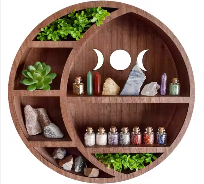 Crescent Wooden Moon Shelf for Crystals Wall Decor Modern Shelf Display, Moon Shelves for Essential Oil