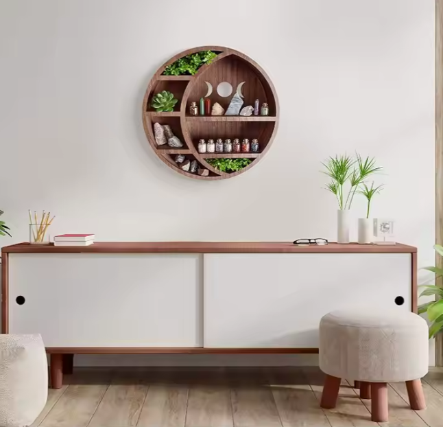 Crescent Wooden Moon Shelf for Crystals Wall Decor Modern Shelf Display, Moon Shelves for Essential Oil