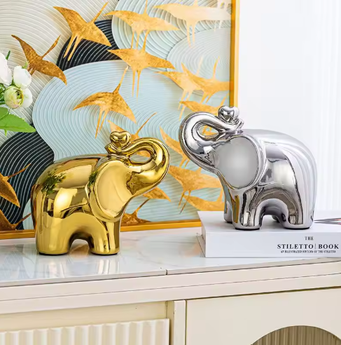 Statue d'éléphant galvanisée en céramique faite à la main, or/argent, décoration de maison, Figurine d'animal, cadeau de mariage, ornement, Art de bureau