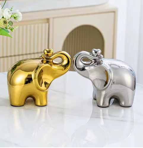 Statue d'éléphant galvanisée en céramique faite à la main, or/argent, décoration de maison, Figurine d'animal, cadeau de mariage, ornement, Art de bureau